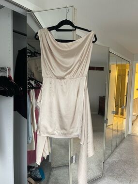 Asymmetrical Cream Satin Draped Mini Dress